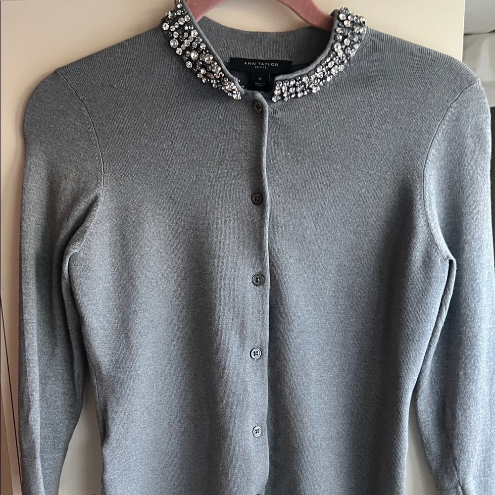 Ann Taylor Silver Embellished Collar Cardigan